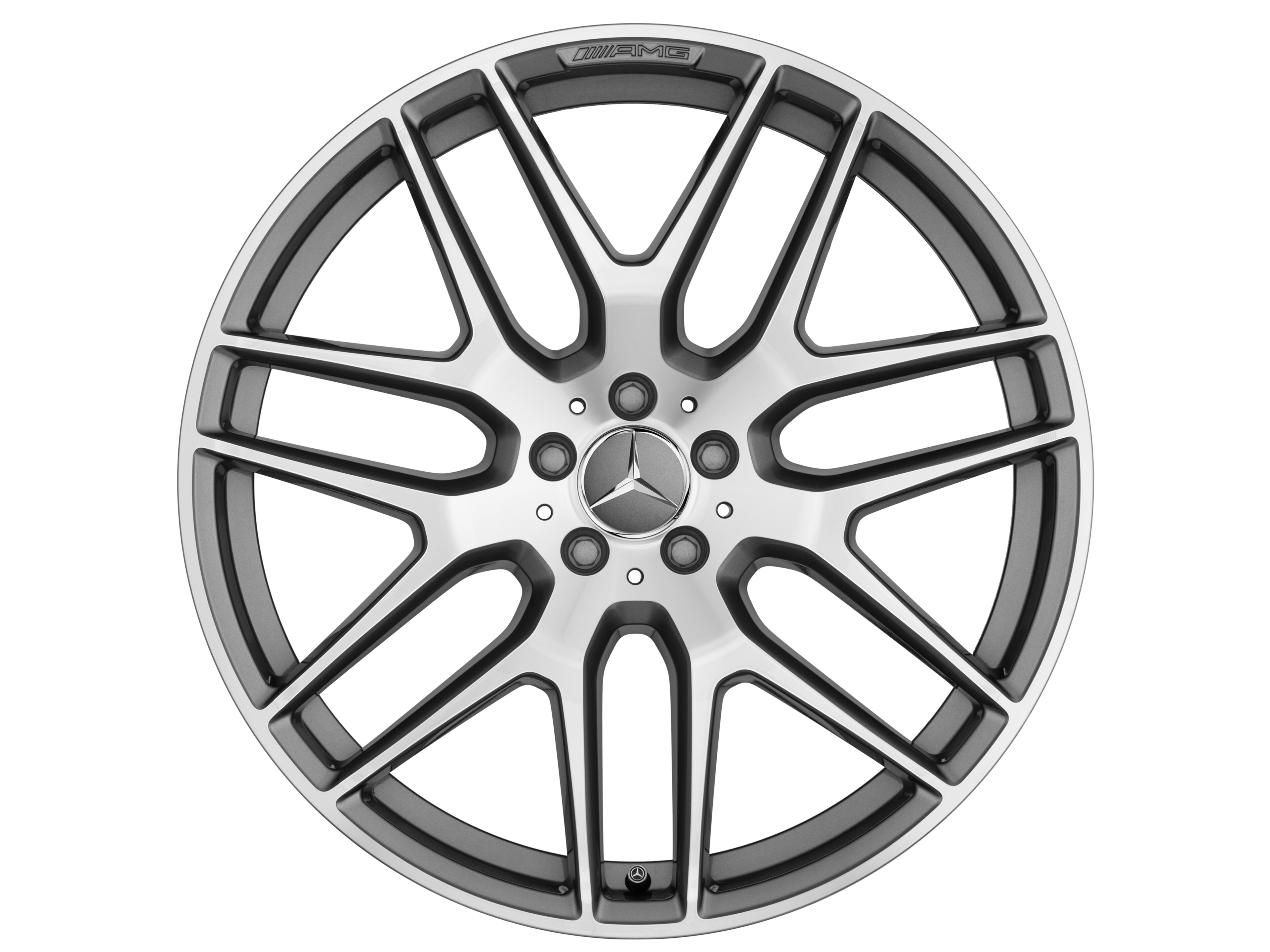 Cerchio in lega leggera AMG, con design a razze incrociate, 53,3 cm (21 pollici) - 10 J x 21 ET 46, grigio titanio, Tornitura a specchio