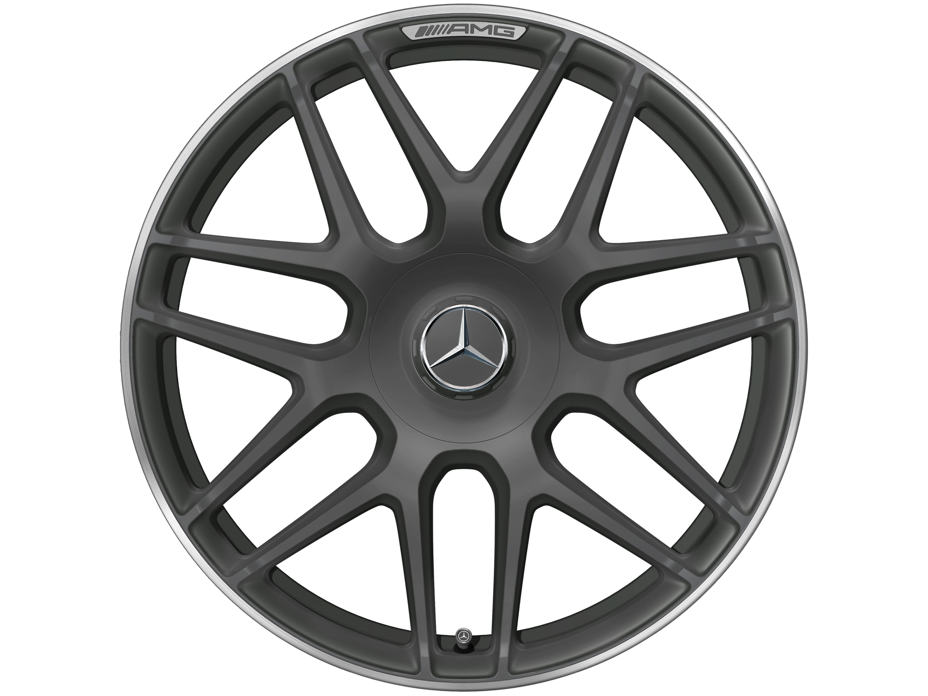 Cerchio fucinato AMG con design a razze incrociate, 55,9 cm (22 pollici), Bordo del cerchio tornito a specchio - 11,5 J x 22 ET 53, Grigio tantalio, Bordo del cerchio tornito a specchio