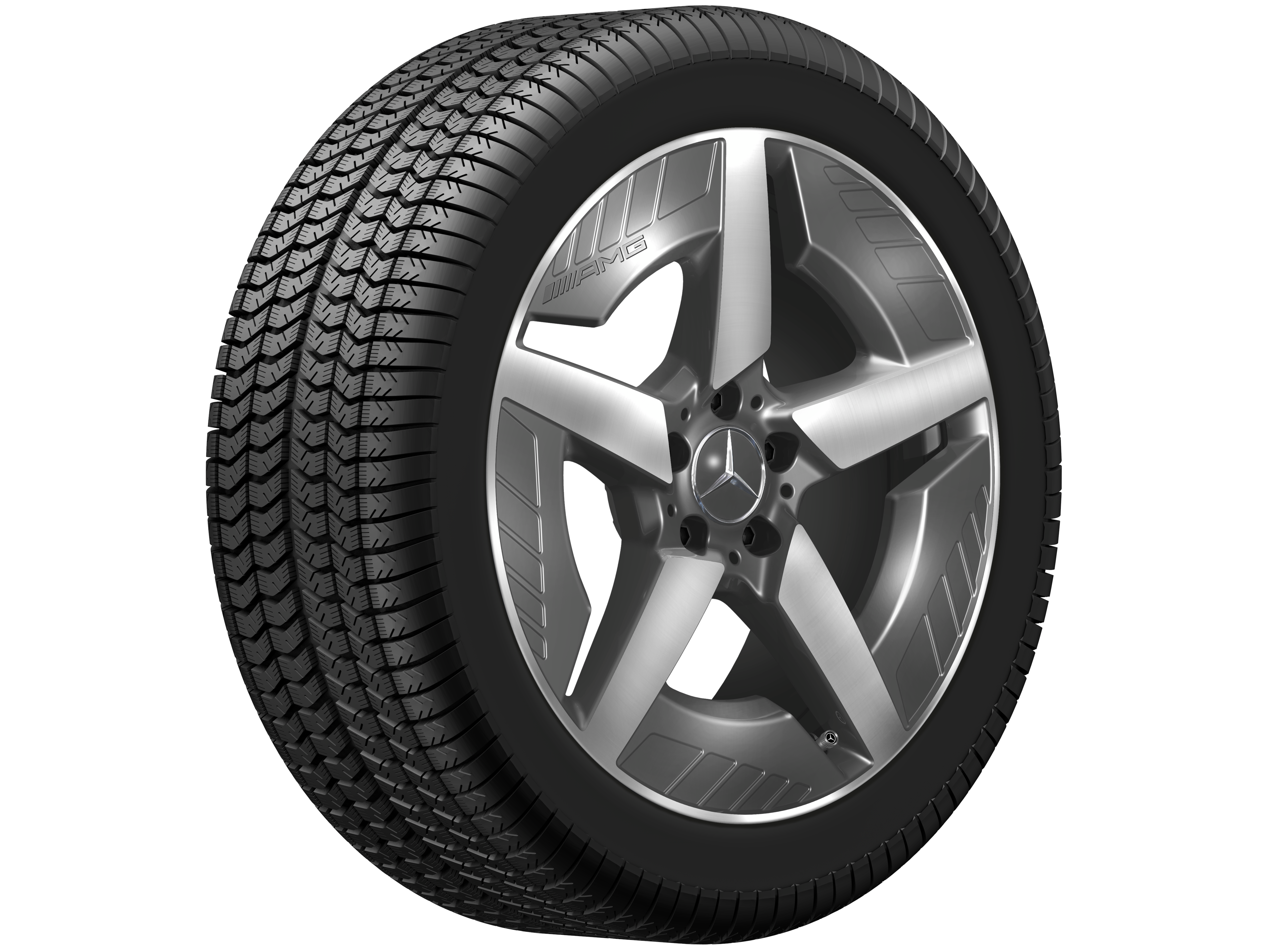 Cerchio in lega leggera AMG, con design a 5 razze, 48,3 cm (19 pollici), Con ottimizzazione aerodinamica - 7,5 J x 19 ET 53,3, Grigio tantalio, Tornitura a specchio