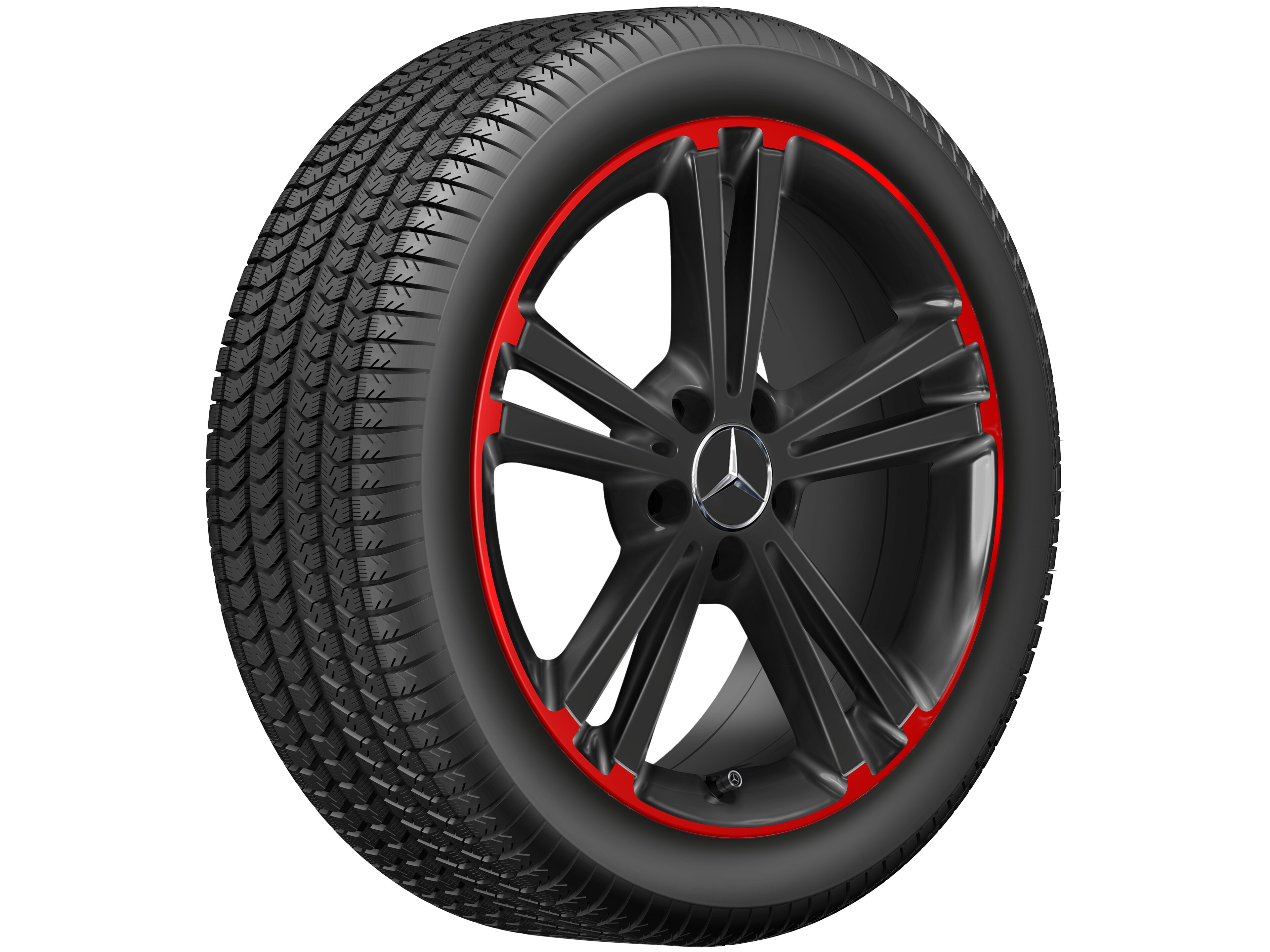 Cerchio a 5 doppie razze, 45,7 cm (18 pollici), Bordo del cerchio rosso - 7,5 J x 18 ET 49, colore nero / Rosso, Bordo del cerchio tornito a specchio