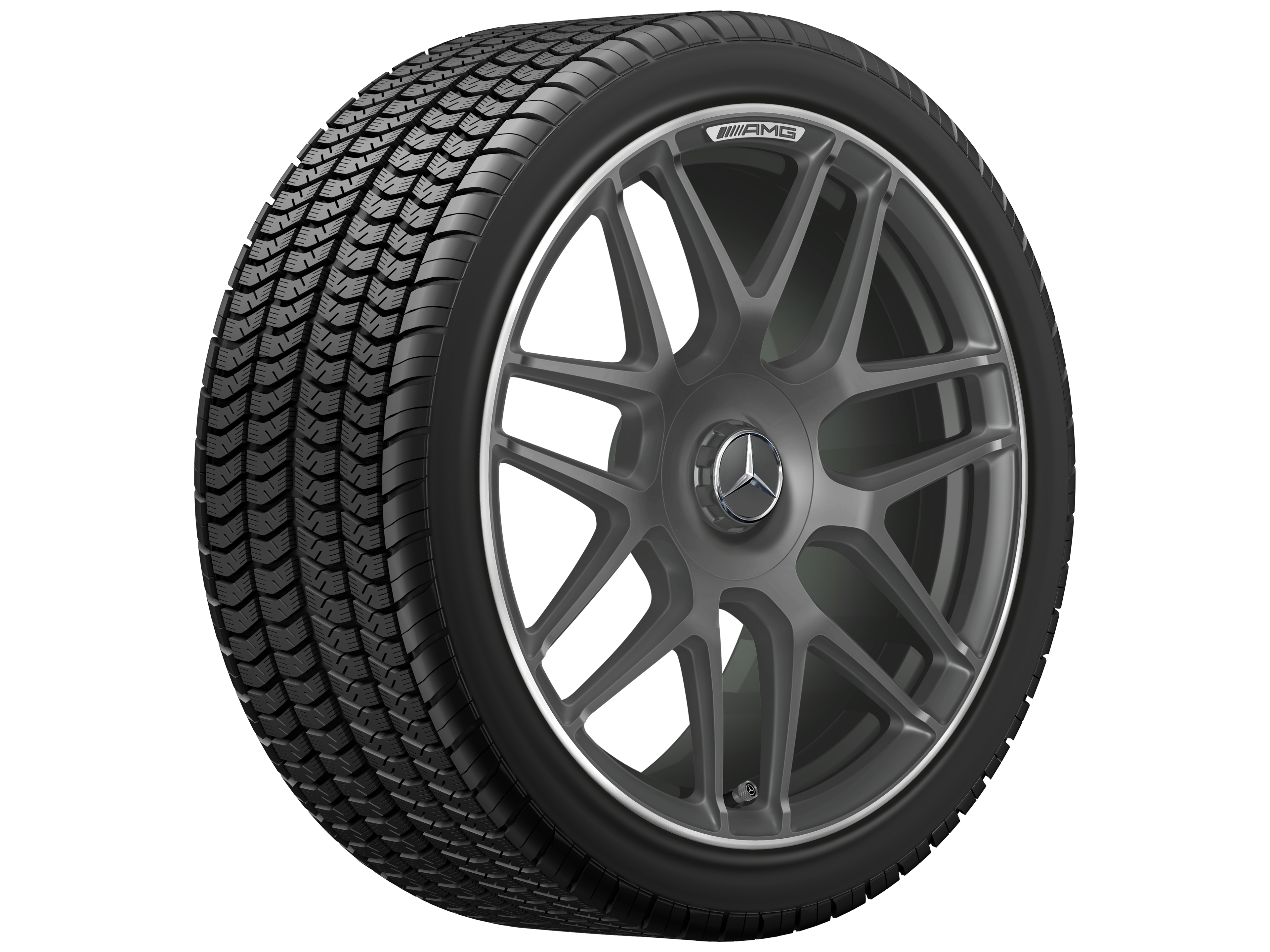 Cerchio fucinato AMG con design a razze incrociate, 55,9 cm (22 pollici), Bordo del cerchio tornito a specchio - 11,5 J x 22 ET 53, Grigio tantalio, Bordo del cerchio tornito a specchio