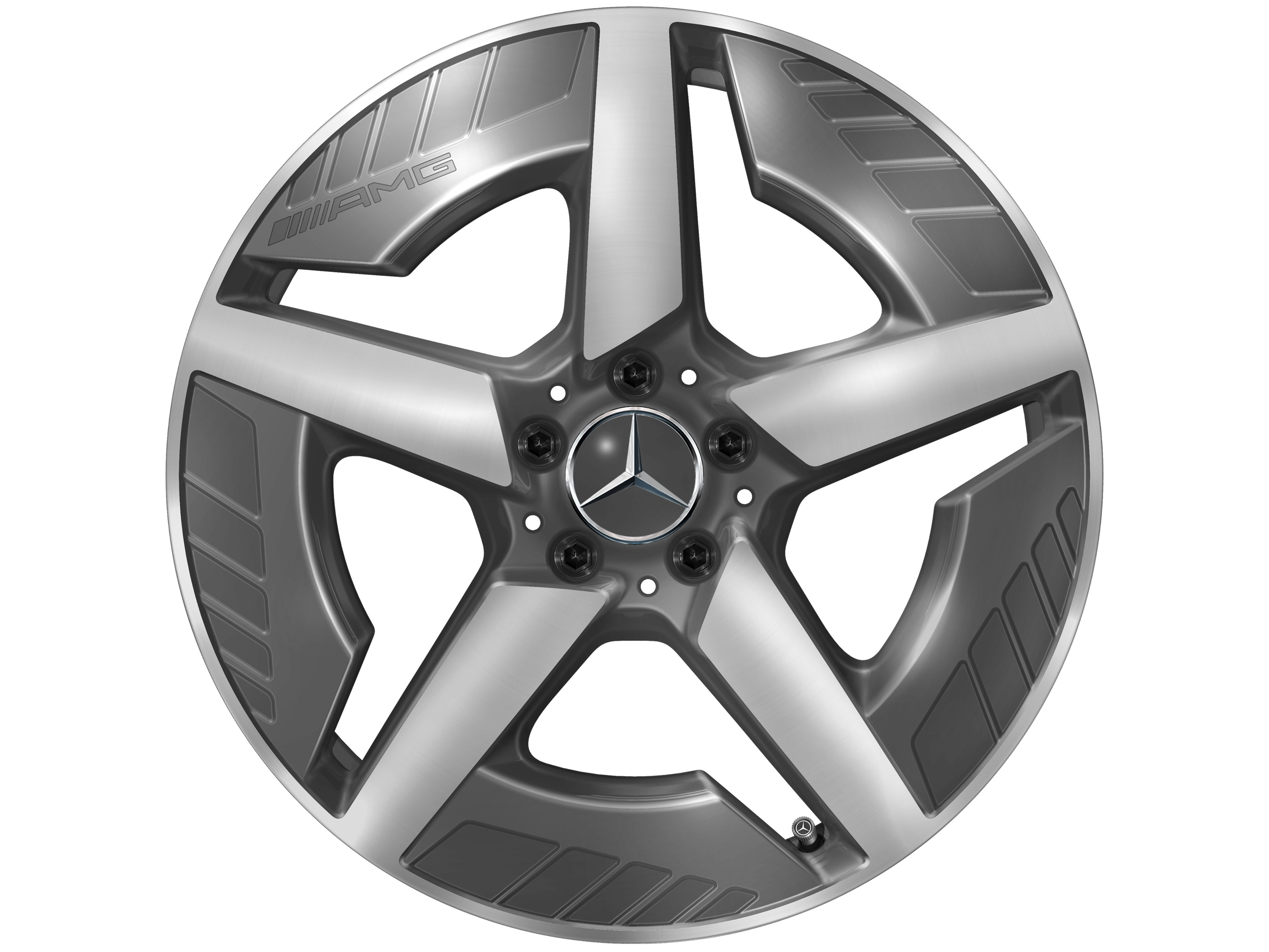 Cerchio in lega leggera AMG, con design a 5 razze, 48,3 cm (19 pollici), Con ottimizzazione aerodinamica - 7,5 J x 19 ET 53,3, Grigio tantalio, Tornitura a specchio