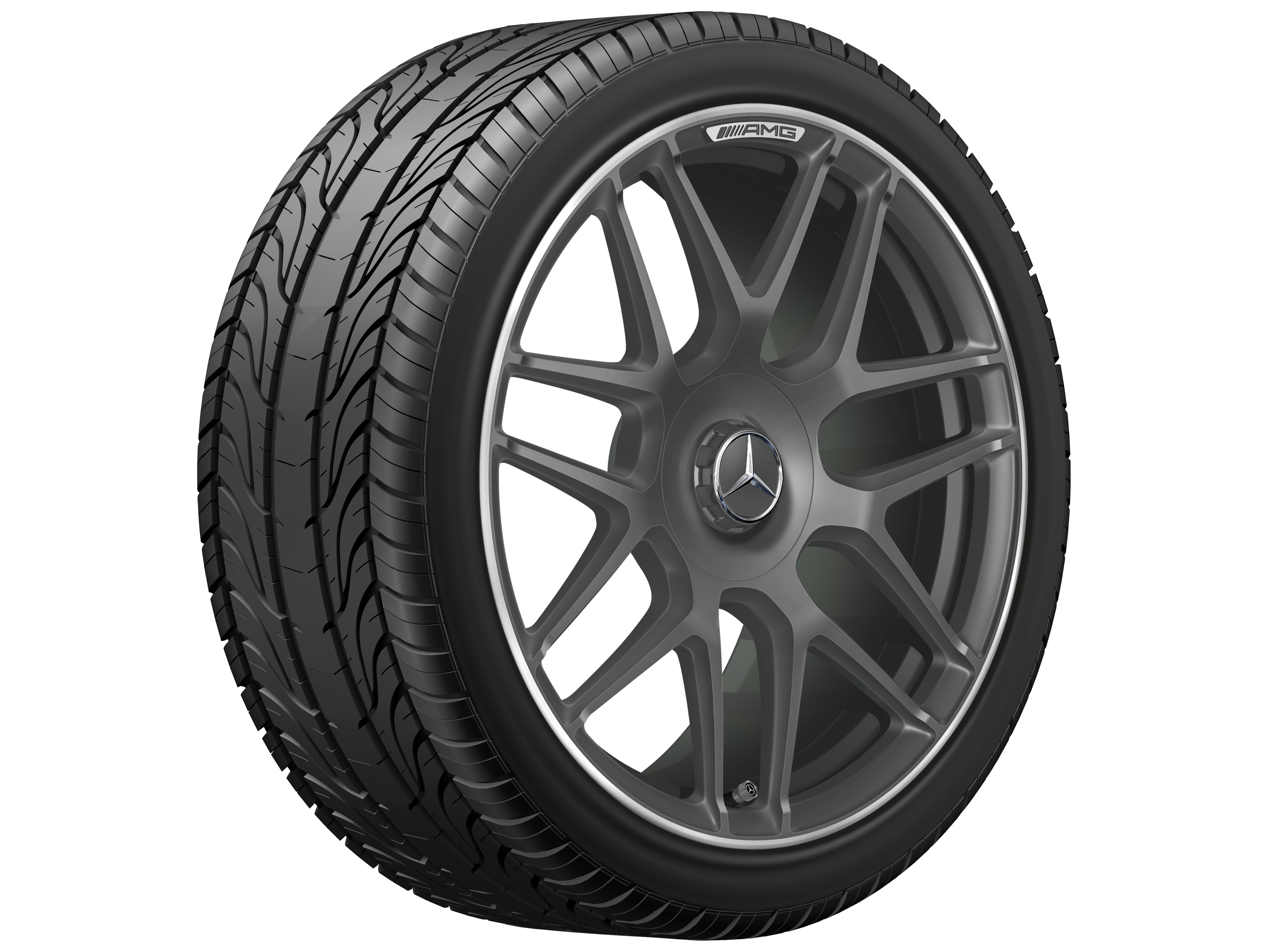 Cerchio fucinato AMG con design a razze incrociate, 55,9 cm (22 pollici), Bordo del cerchio tornito a specchio - 11,5 J x 22 ET 53, Grigio tantalio, Bordo del cerchio tornito a specchio