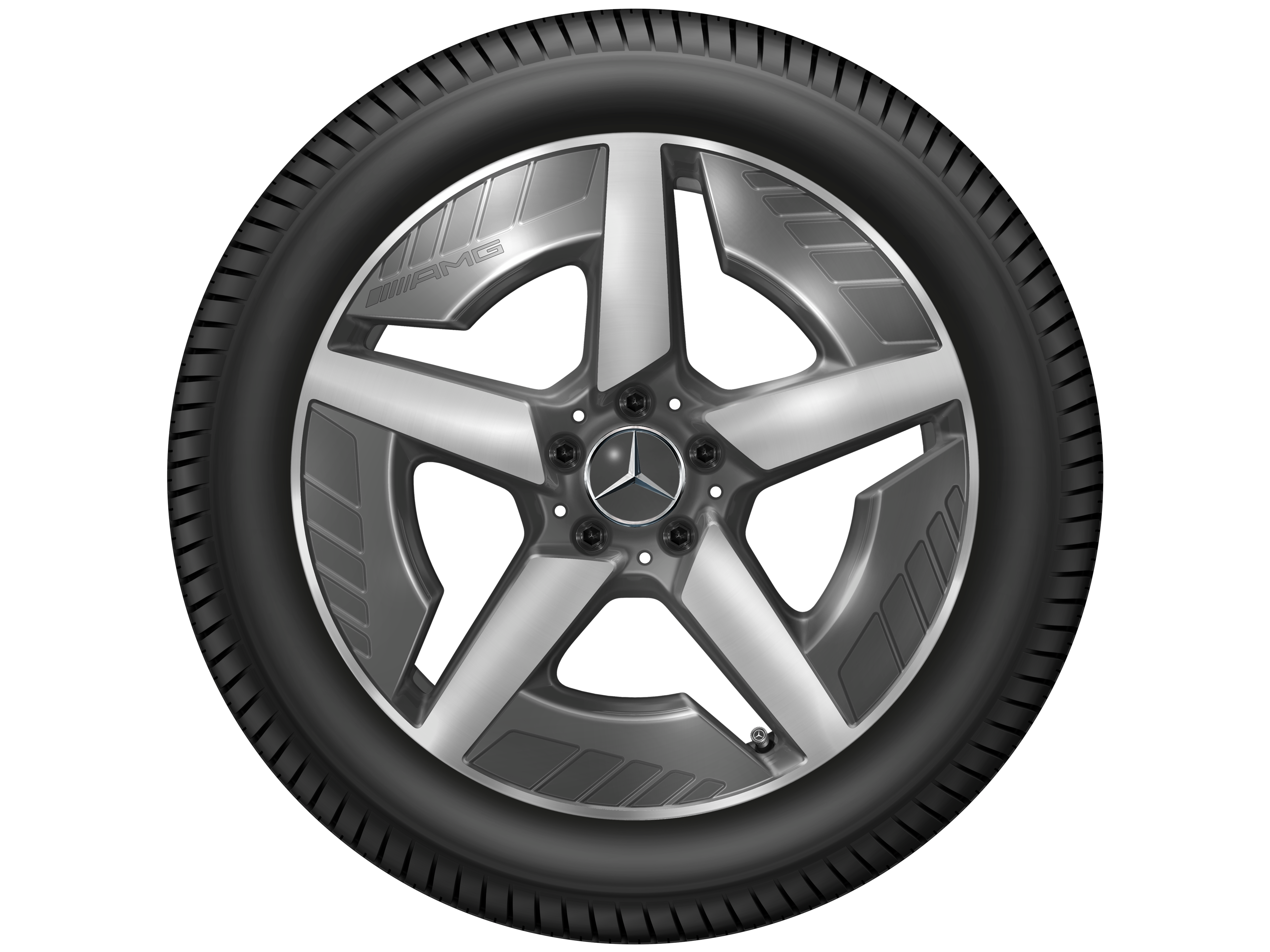 Cerchio in lega leggera AMG, con design a 5 razze, 48,3 cm (19 pollici), Con ottimizzazione aerodinamica - 7,5 J x 19 ET 53,3, Grigio tantalio, Tornitura a specchio