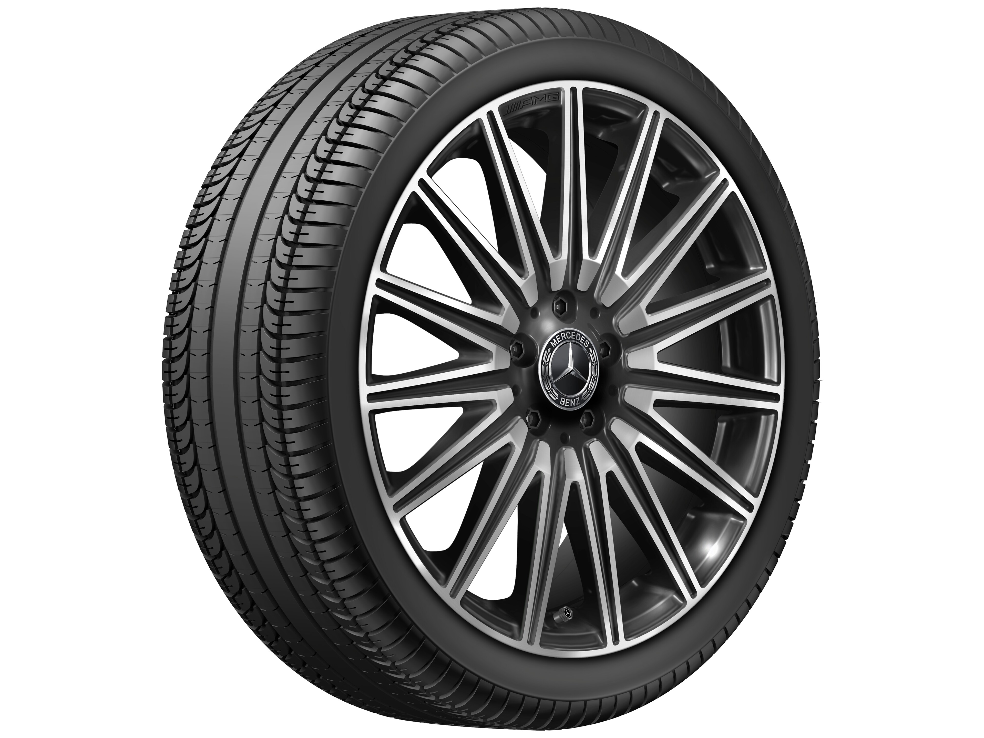Cerchio in lega leggera AMG, con design a razze multiple, 53,3 cm (21 pollici), Vernice trasparente brunita - 8 J x 21 ET 25,2, colore nero, Tornitura a specchio