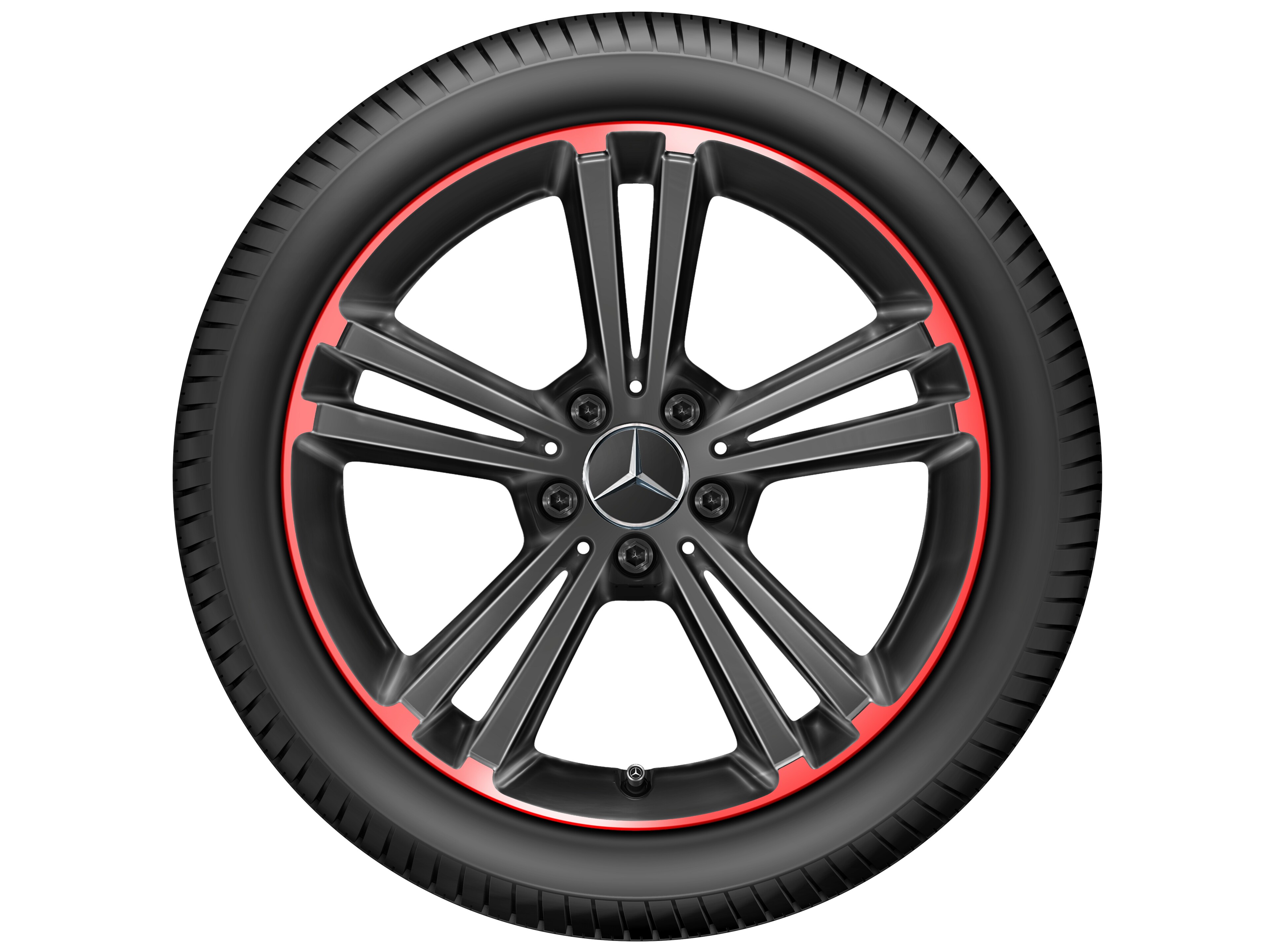 Cerchio a 5 doppie razze, 45,7 cm (18 pollici), Bordo del cerchio rosso - 7,5 J x 18 ET 49, colore nero / Rosso, Bordo del cerchio tornito a specchio