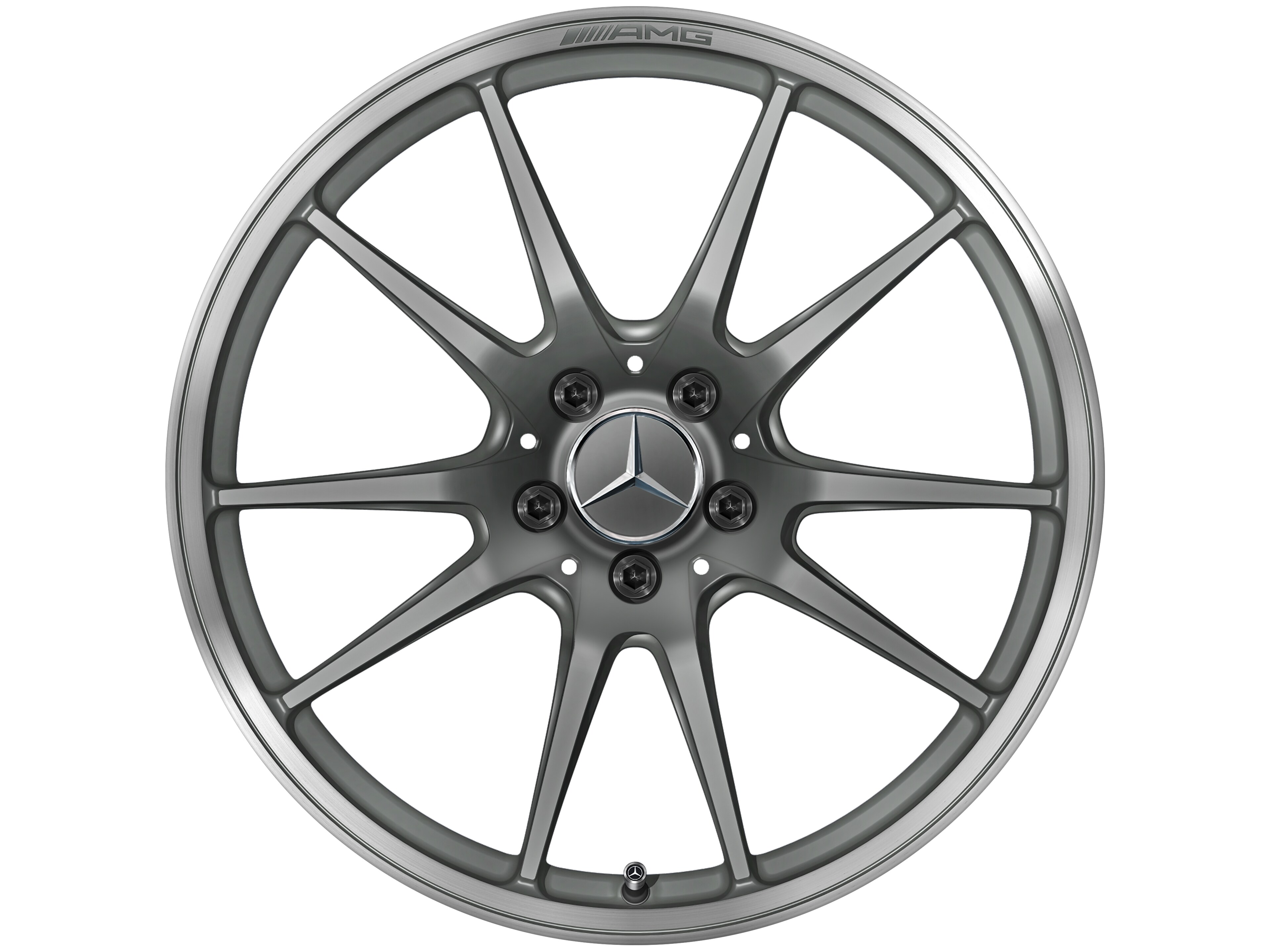 Cerchio fucinato AMG con design a 5 doppie razze, 48,3 cm (19 pollici), Bordo del cerchio tornito a specchio - 10 J x 19 ET 56, grigio titanio opaco, Bordo del cerchio tornito a specchio