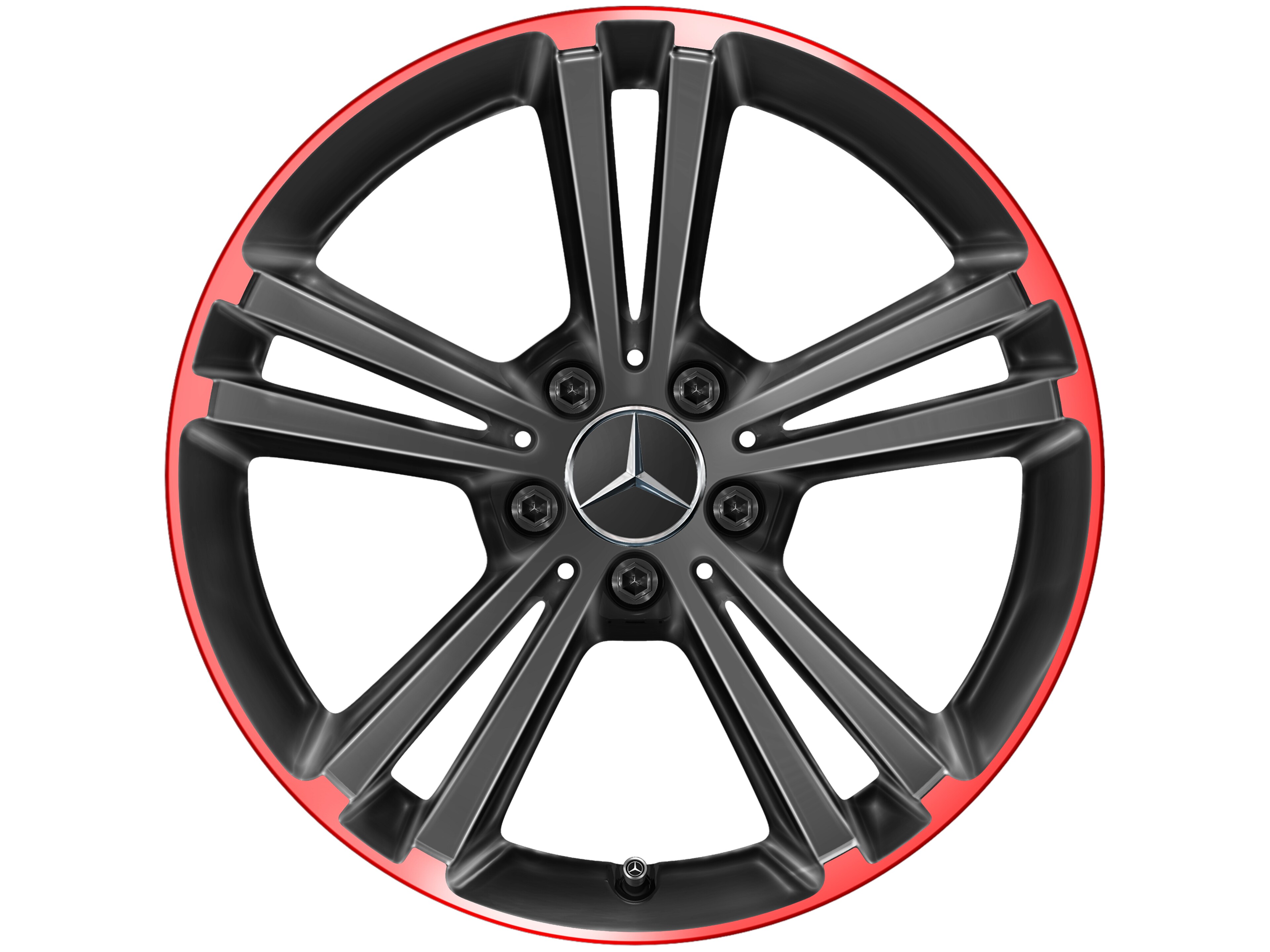 Cerchio a 5 doppie razze, 45,7 cm (18 pollici), Bordo del cerchio rosso - 7,5 J x 18 ET 49, colore nero / Rosso, Bordo del cerchio tornito a specchio