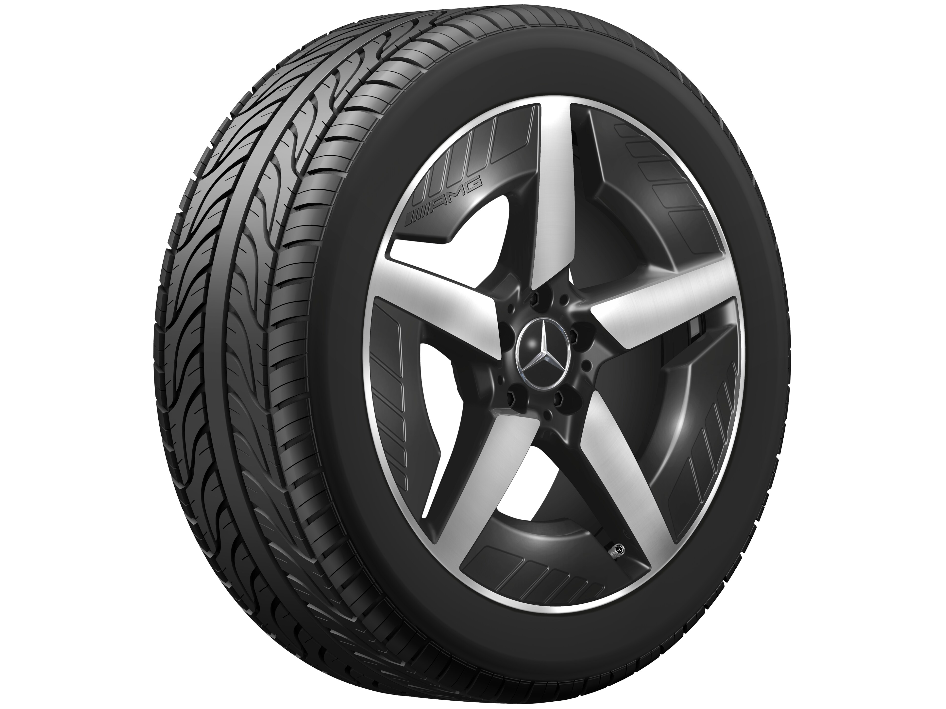 Cerchio in lega leggera AMG, con design a 5 razze, 48,3 cm (19 pollici), con tornitura a specchio - 8 J x 19 ET 38,2, colore nero, Tornitura a specchio