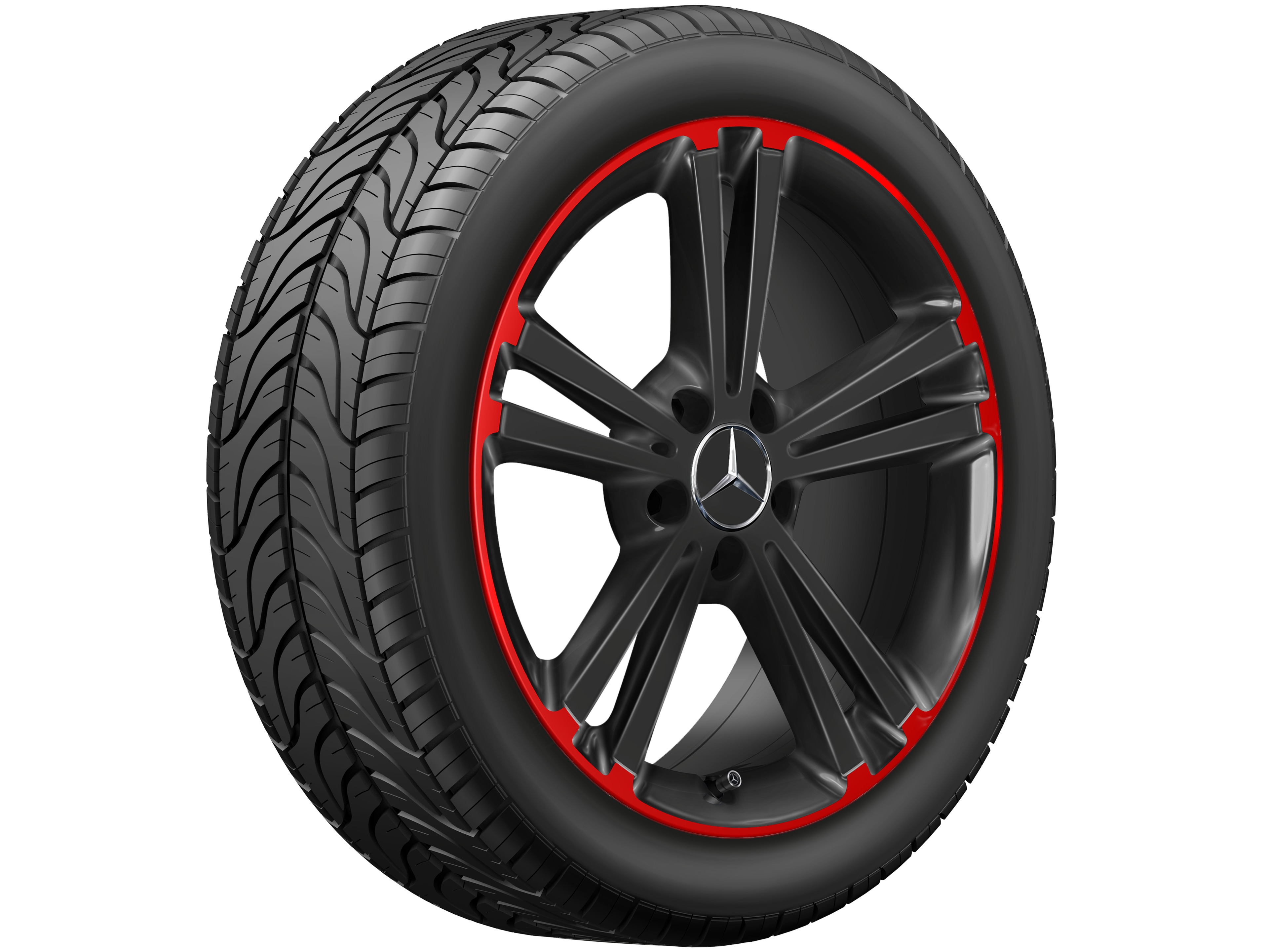 Cerchio a 5 doppie razze, 45,7 cm (18 pollici), Bordo del cerchio rosso - 7,5 J x 18 ET 49, colore nero / Rosso, Bordo del cerchio tornito a specchio
