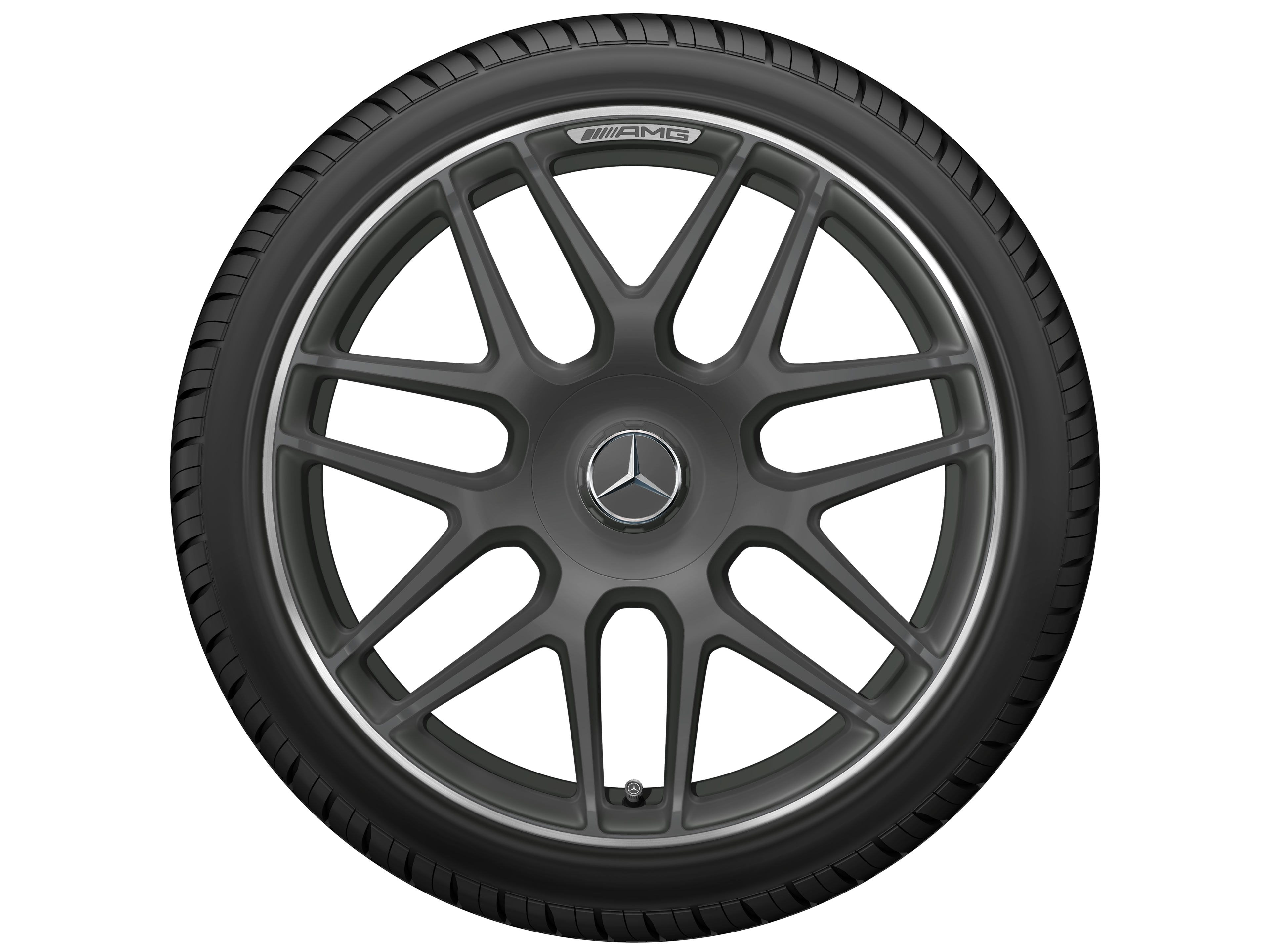 Cerchio fucinato AMG con design a razze incrociate, 55,9 cm (22 pollici), Bordo del cerchio tornito a specchio - 11,5 J x 22 ET 53, Grigio tantalio, Bordo del cerchio tornito a specchio