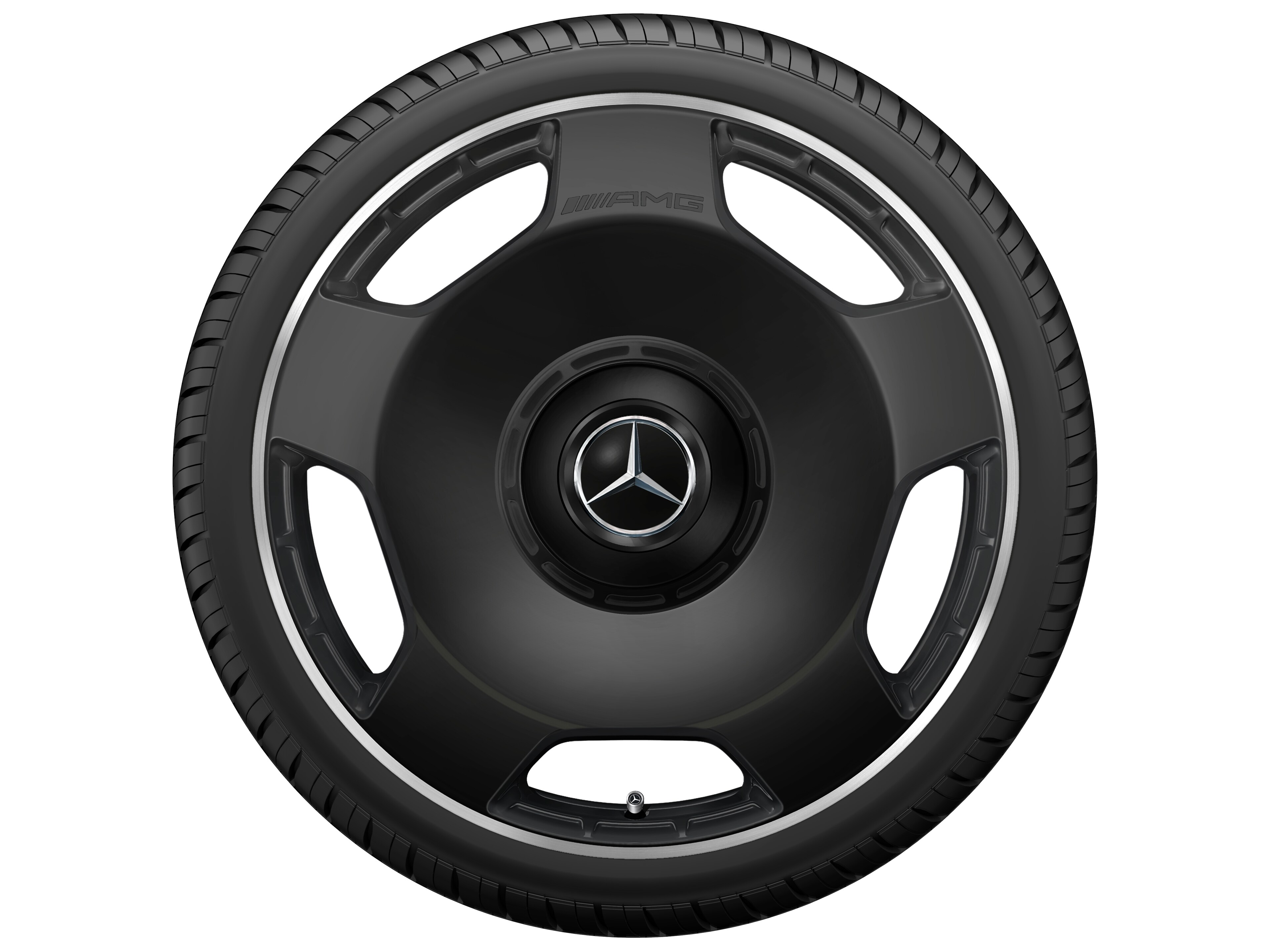 Cerchio fucinato AMG con design a 5 fori, 53,3 cm (21 pollici), Bordo del cerchio tornito a specchio - 11,5 J x 21 ET 30, nero opacizzato