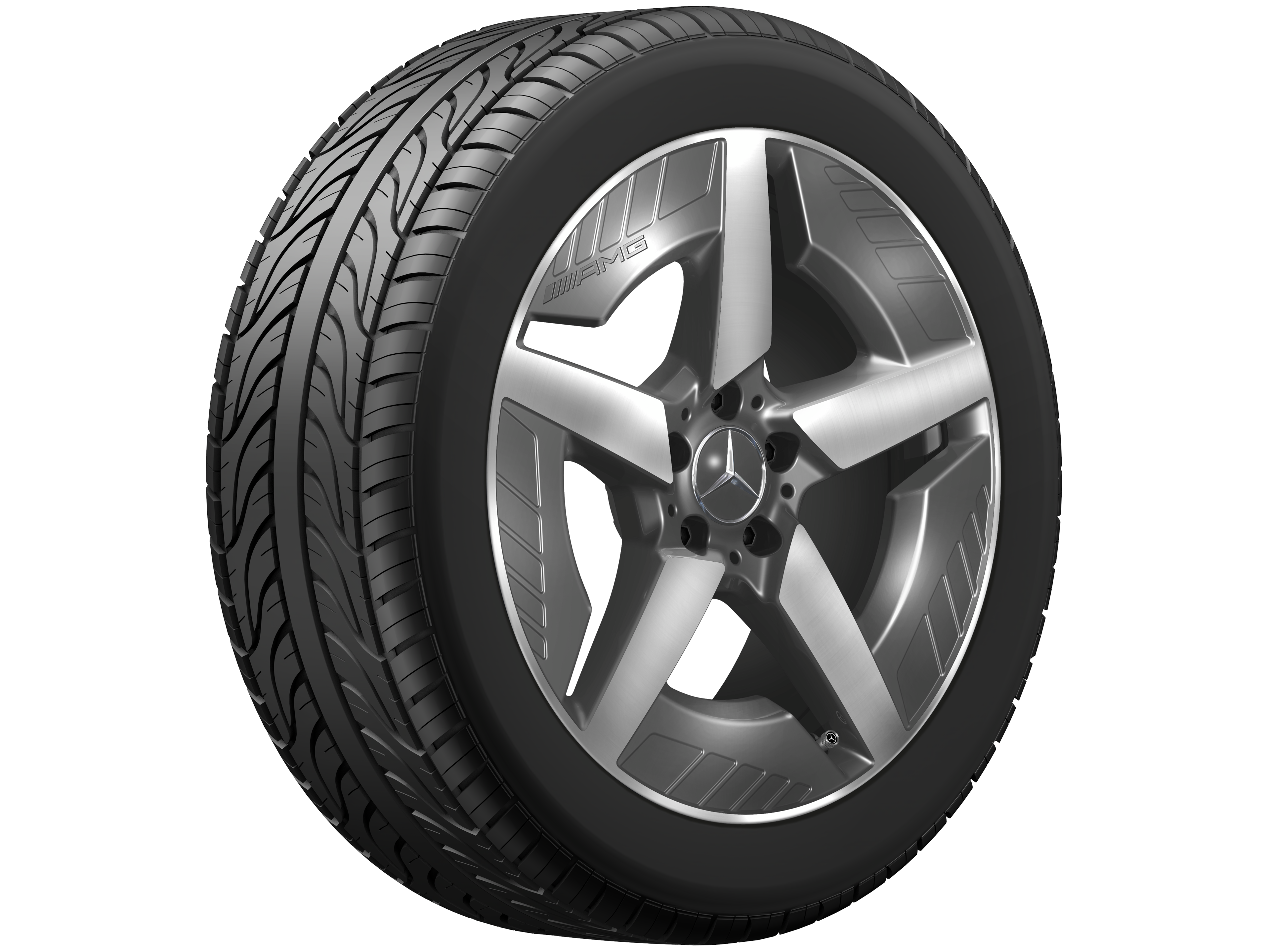 Cerchio in lega leggera AMG, con design a 5 razze, 48,3 cm (19 pollici), Con ottimizzazione aerodinamica - 7,5 J x 19 ET 53,3, Grigio tantalio, Tornitura a specchio