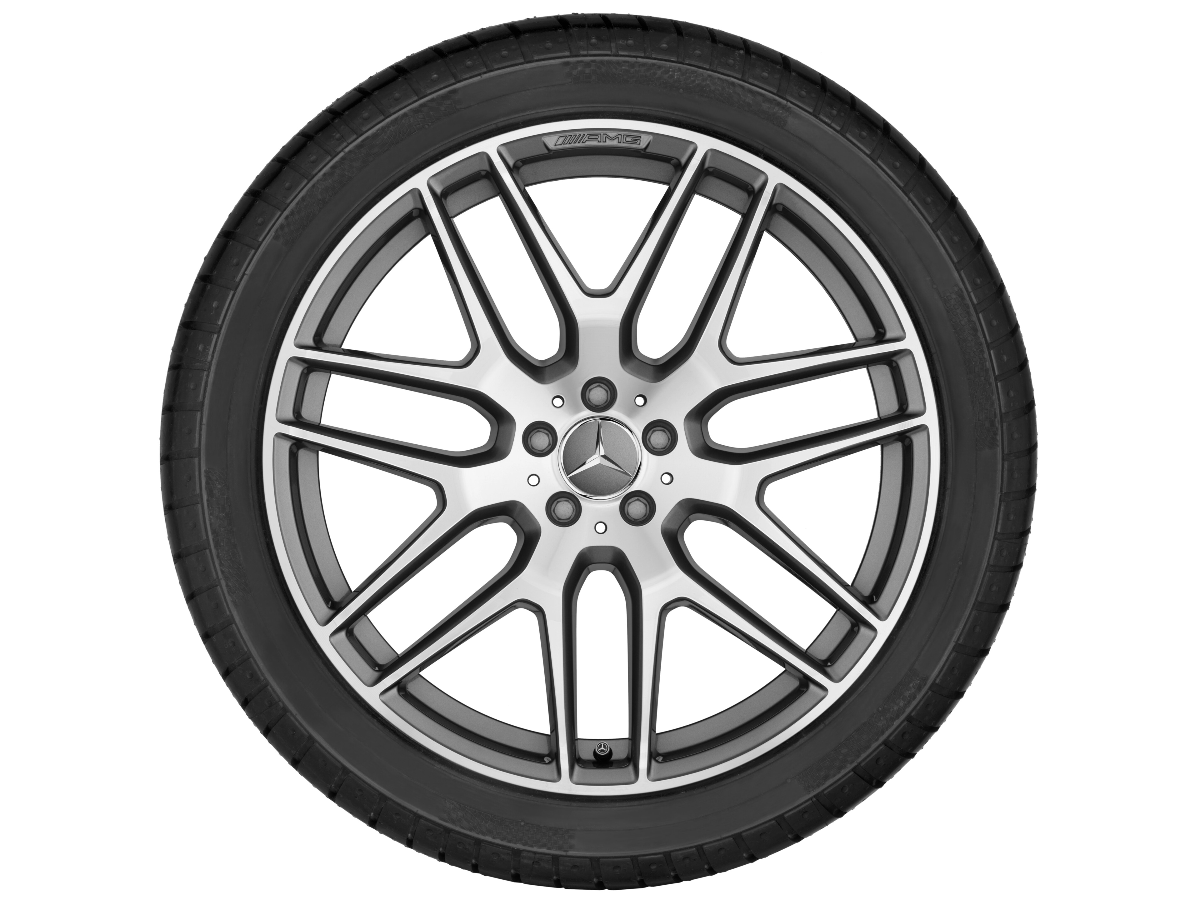 Cerchio in lega leggera AMG, con design a razze incrociate, 53,3 cm (21 pollici) - 10 J x 21 ET 46, grigio titanio, Tornitura a specchio